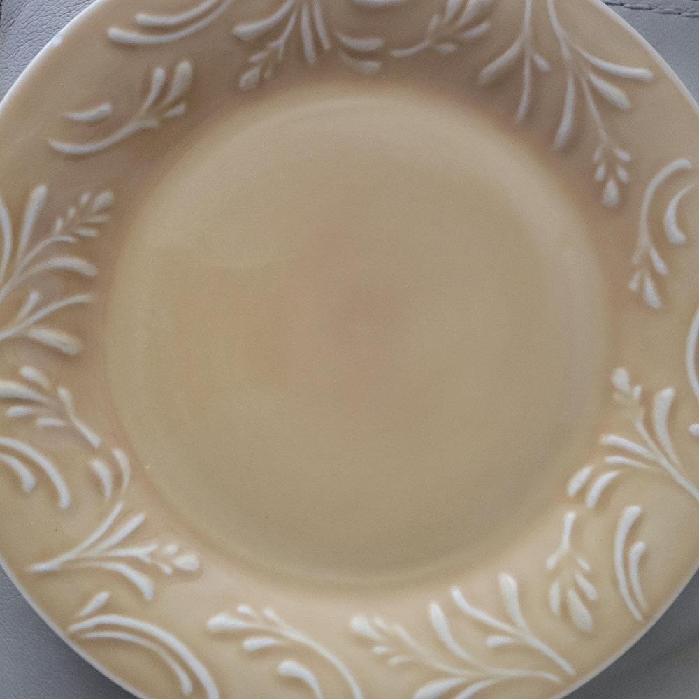 Libbey Dinner Plates Set of 2 Tan Ceramic Embossed Vine Border Stoneware Y2K